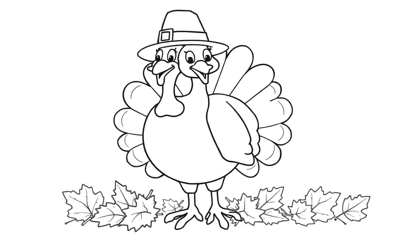 A friendly cartoon turkey in a pilgrim hat stands on autumn leaves, a simple black and white color panel for kids.