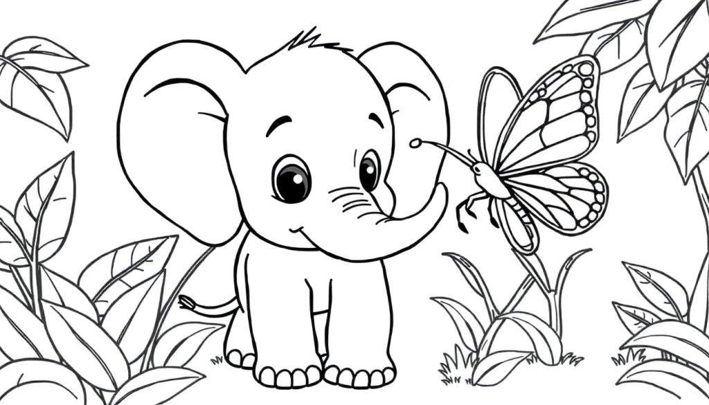 A cute baby elephant on a coloring panel, with a butterfly nearby.