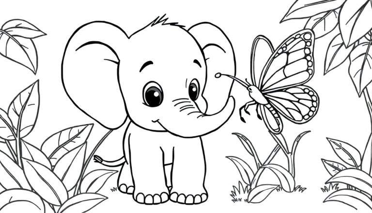 A cute baby elephant on a coloring panel, with a butterfly nearby.
