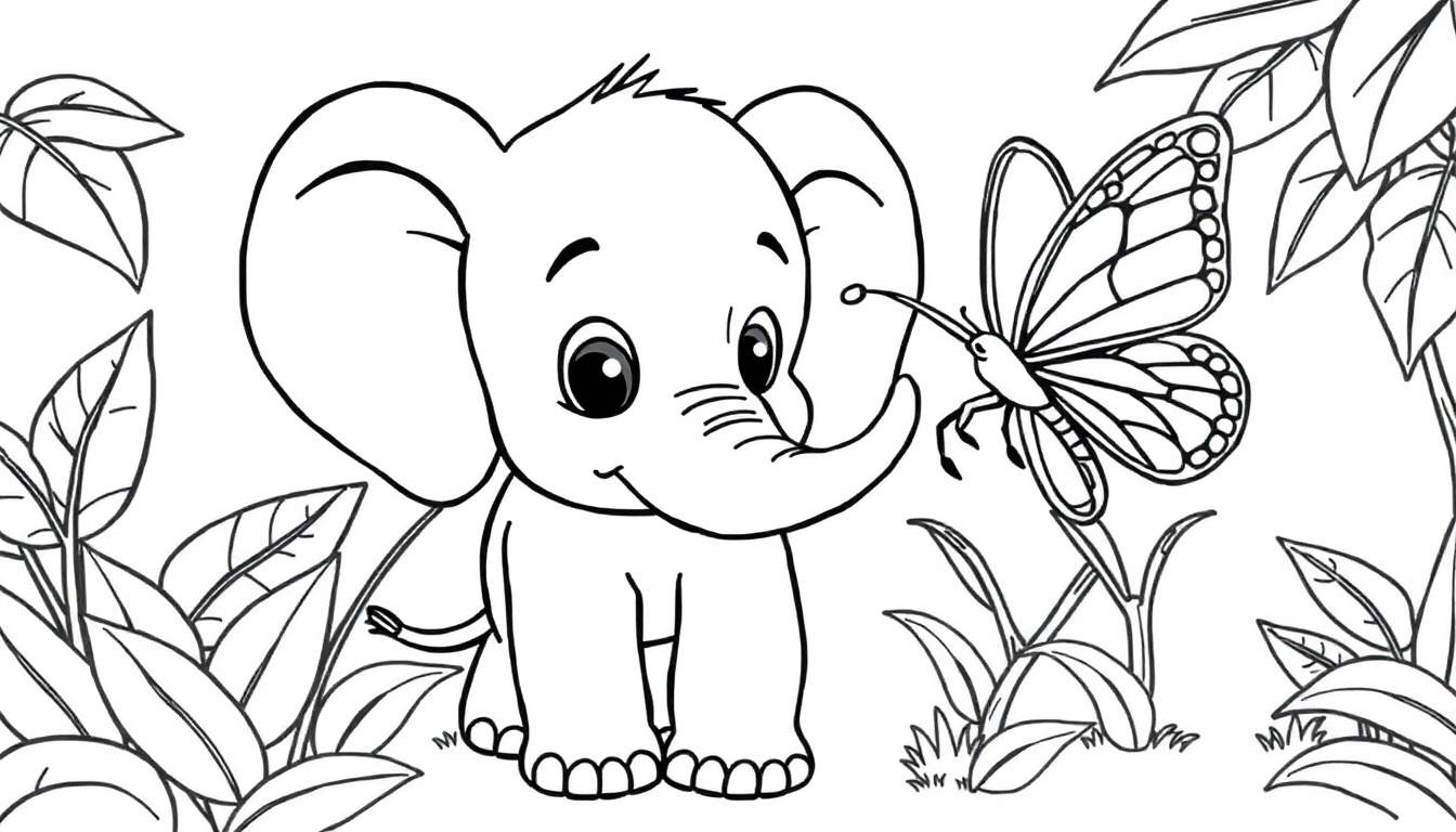 A cute baby elephant on a coloring panel, with a butterfly nearby.