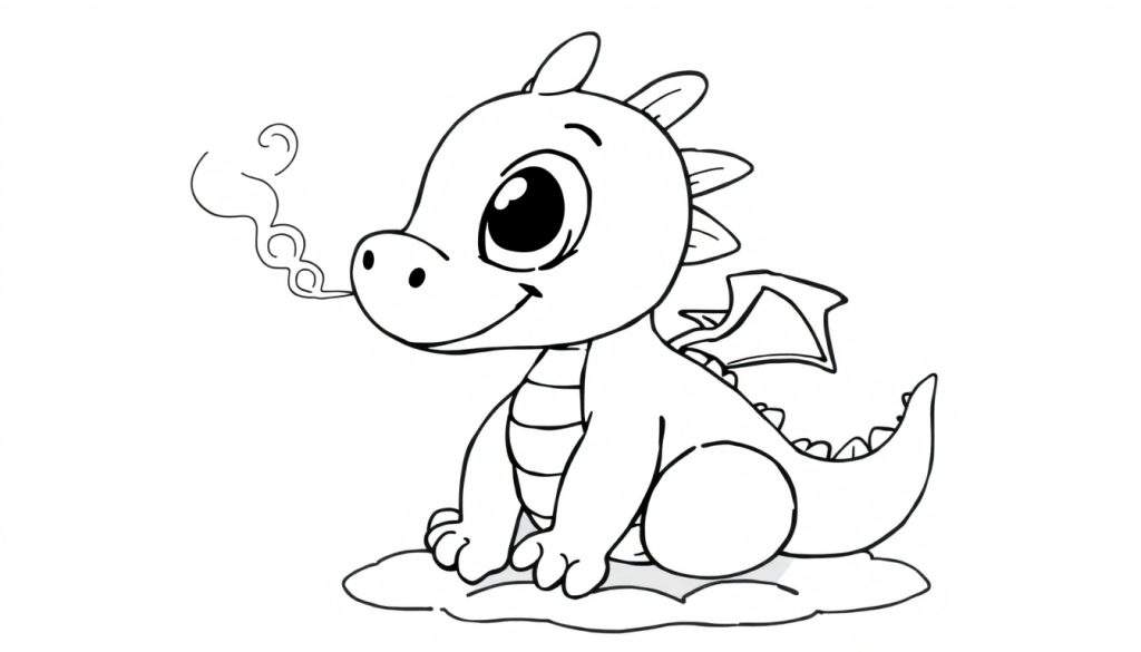 A friendly baby dragon, ready for coloring, on a cloud color panel, blowing smoke rings.