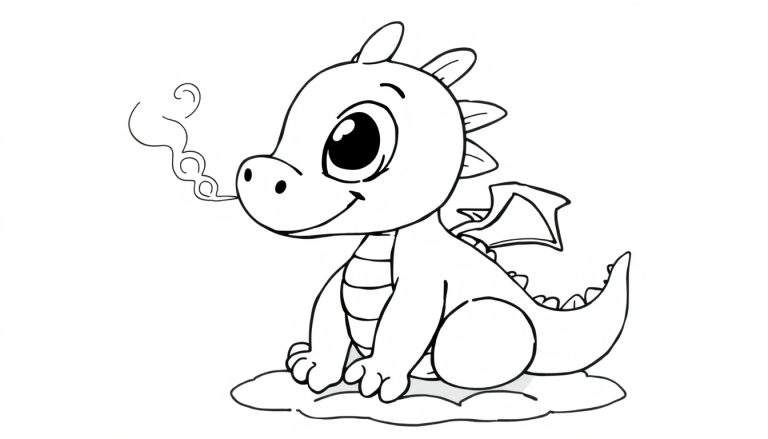 A friendly baby dragon, ready for coloring, on a cloud color panel, blowing smoke rings.