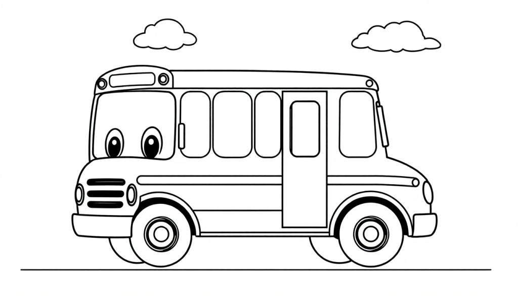 A cute black and white school bus color panel with a friendly face and big windows.