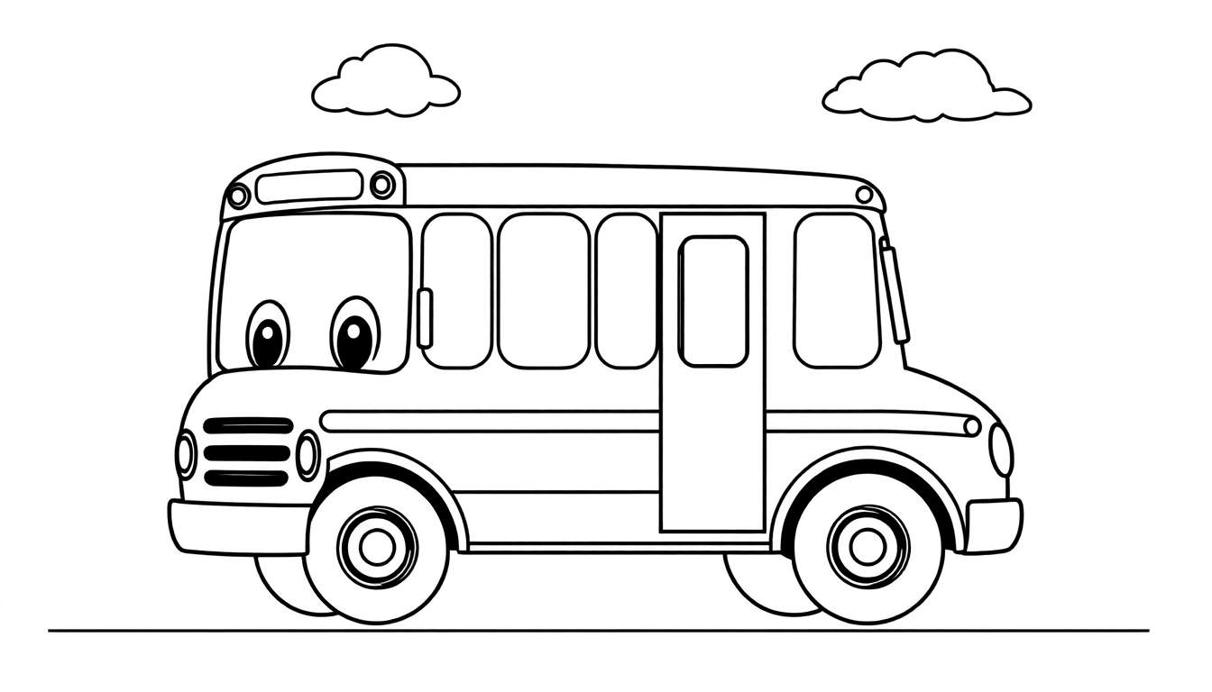 A cute black and white school bus color panel with a friendly face and big windows.