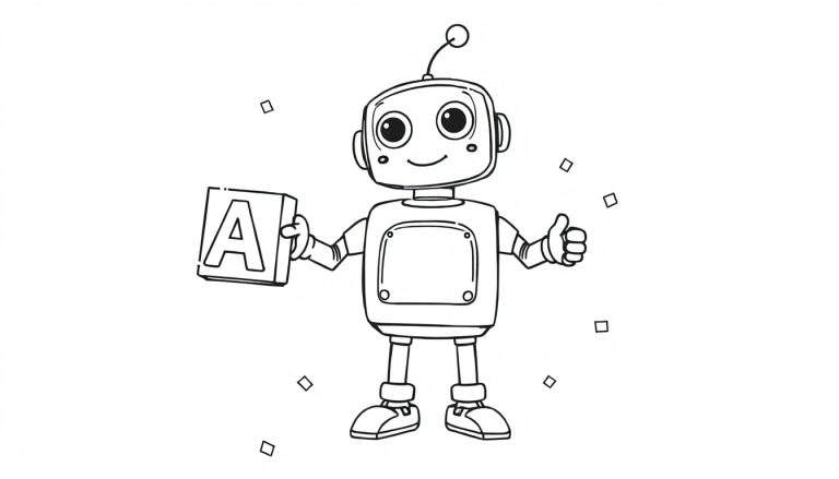 Friendly cartoon robot with a block 'A' on a black and white color panel.