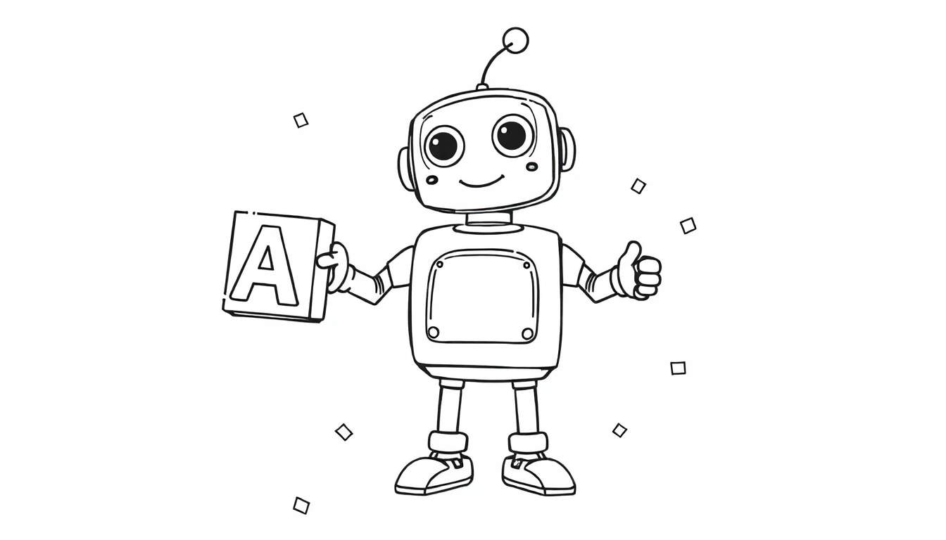 Friendly cartoon robot with a block 'A' on a black and white color panel.