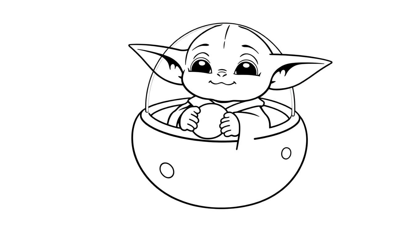 A simple black and white line drawing of Grogu sitting in his pod, holding a frog.