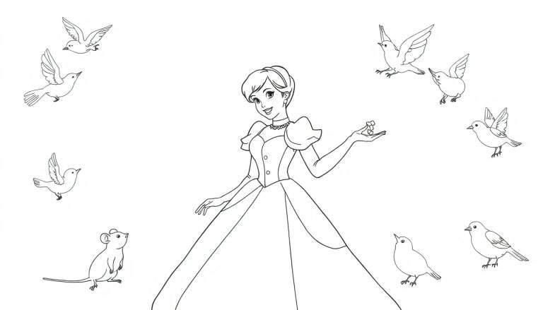A black and white color panel illustration of Cinderella in her ball gown, smiling, with birds flying and a mouse nearby.