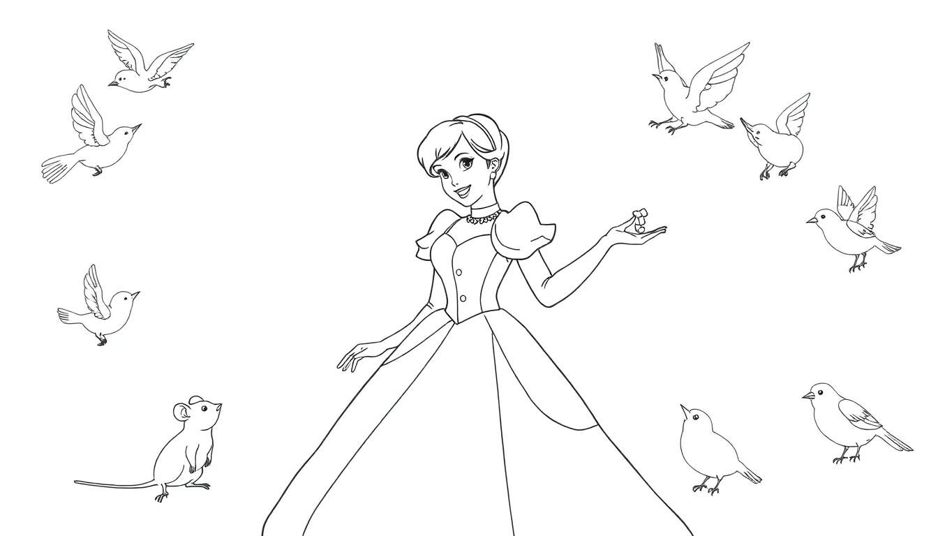 A black and white color panel illustration of Cinderella in her ball gown, smiling, with birds flying and a mouse nearby.