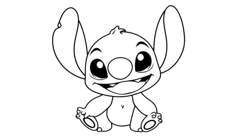 A black and white line drawing of Stitch, a cute alien character, sitting and smiling, ready to be colored in this fun color panel.