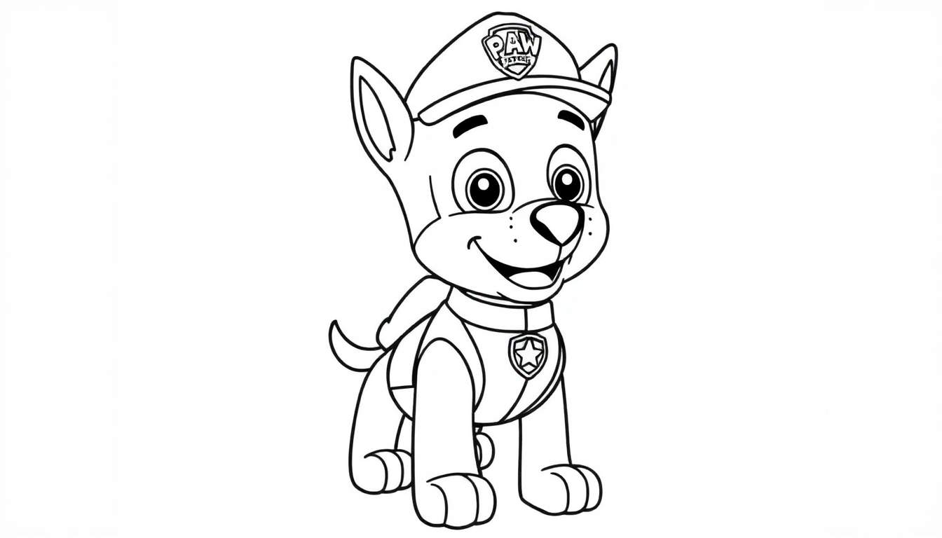 A black and white cartoon color panel of Chase from Paw Patrol standing happily in his police uniform.