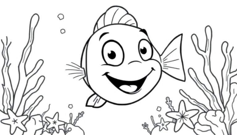 A happy fish coloring page with seaweed and starfish, ready for a color panel.