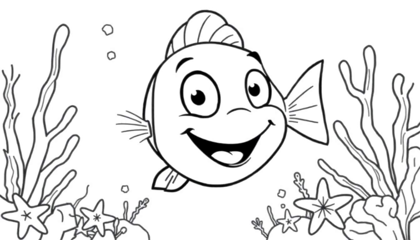 A happy fish coloring page with seaweed and starfish, ready for a color panel.