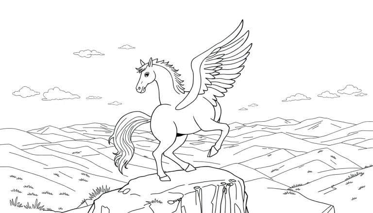 Line art Pegasus ready to fly, a color panel for kids.
