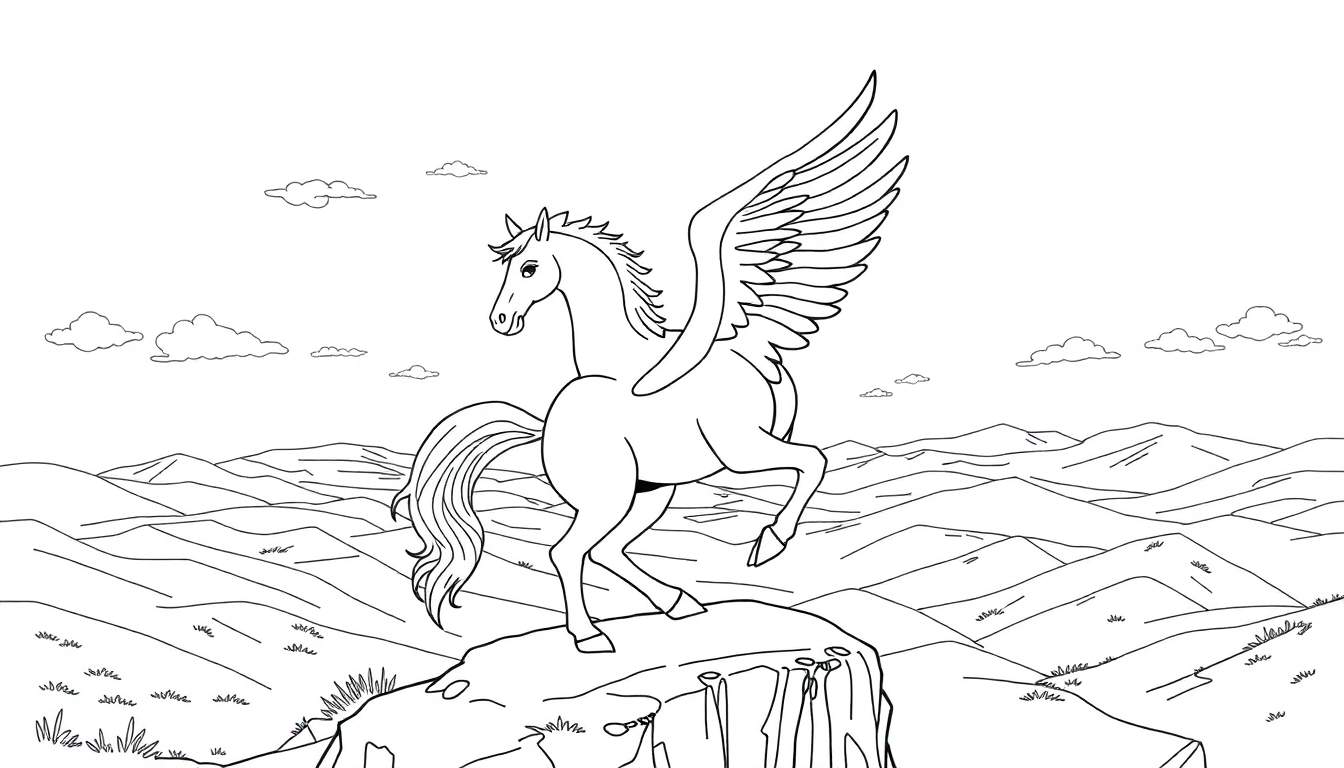 Line art Pegasus ready to fly, a color panel for kids.