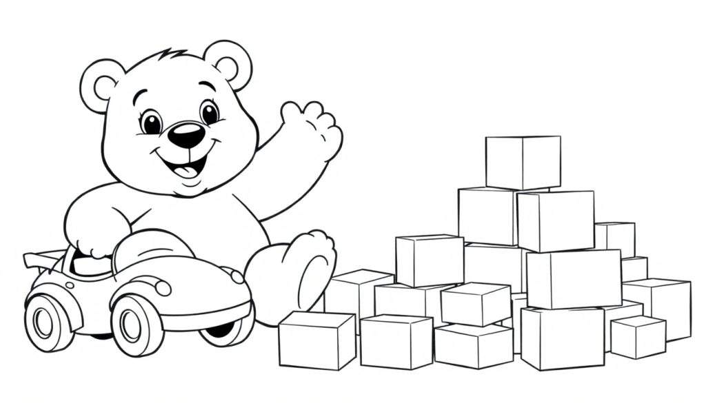 A happy teddy bear in a toy car next to a color panel of blocks.