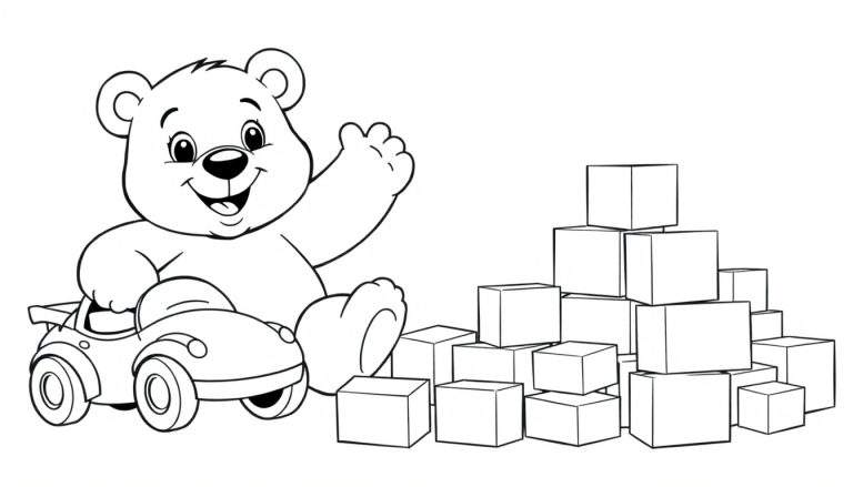 A happy teddy bear in a toy car next to a color panel of blocks.