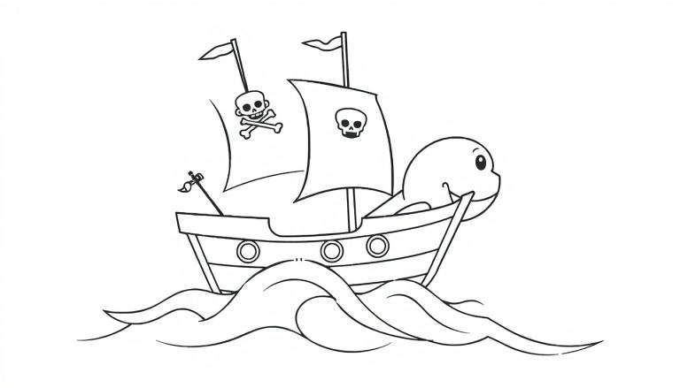 A black and white cartoon pirate ship with a smiling figurehead sailing on wavy seas, ready for coloring. This color panel is perfect for little pirates!