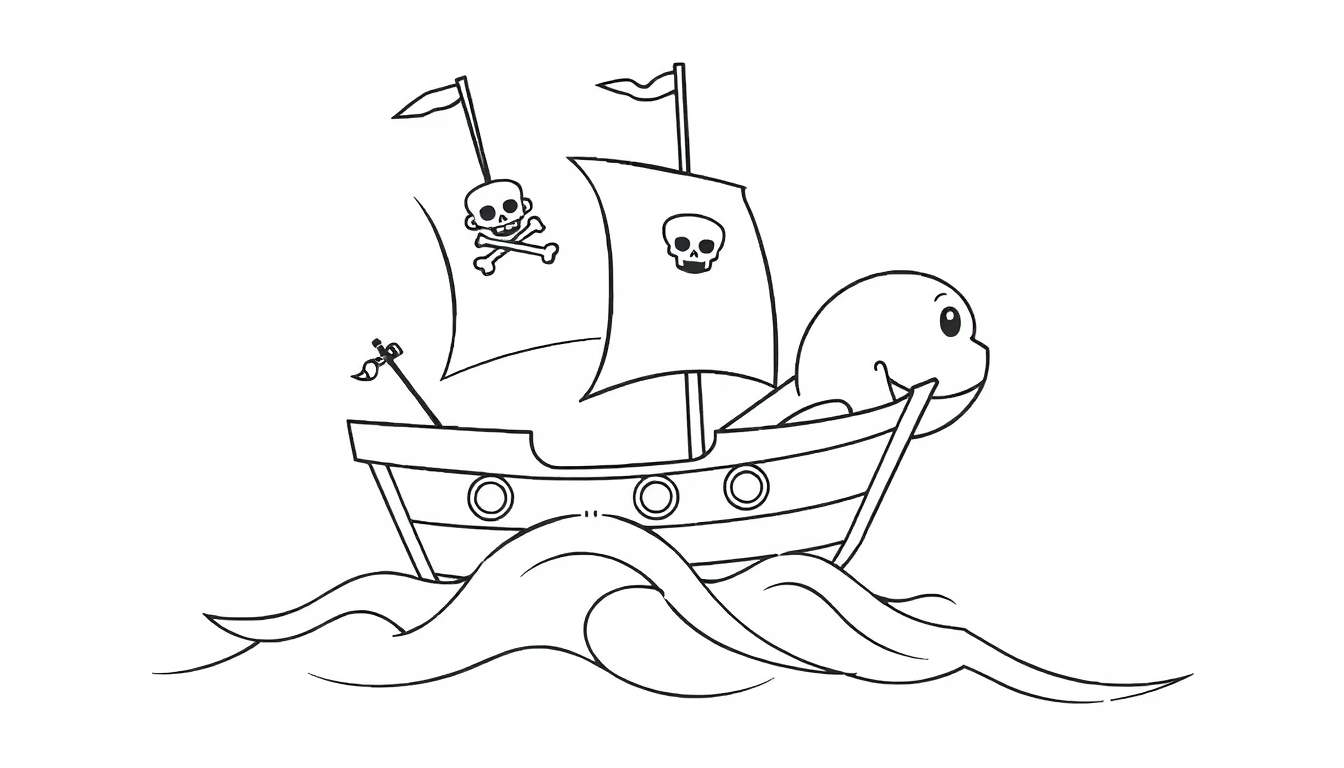 A black and white cartoon pirate ship with a smiling figurehead sailing on wavy seas, ready for coloring. This color panel is perfect for little pirates!