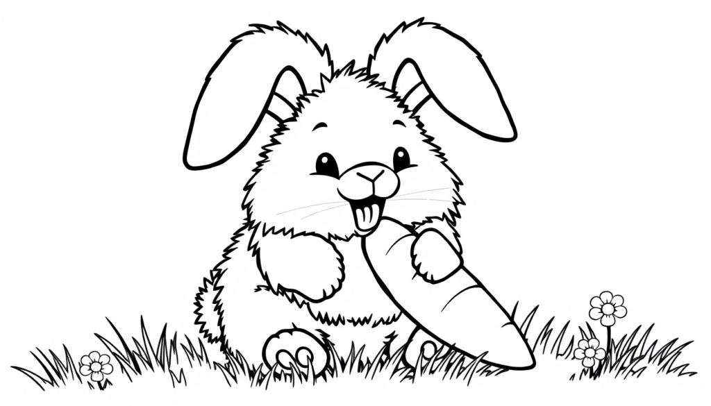 A black and white color panel of a fluffy bunny holding a carrot, ready to be colored.