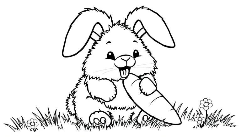 A black and white color panel of a fluffy bunny holding a carrot, ready to be colored.