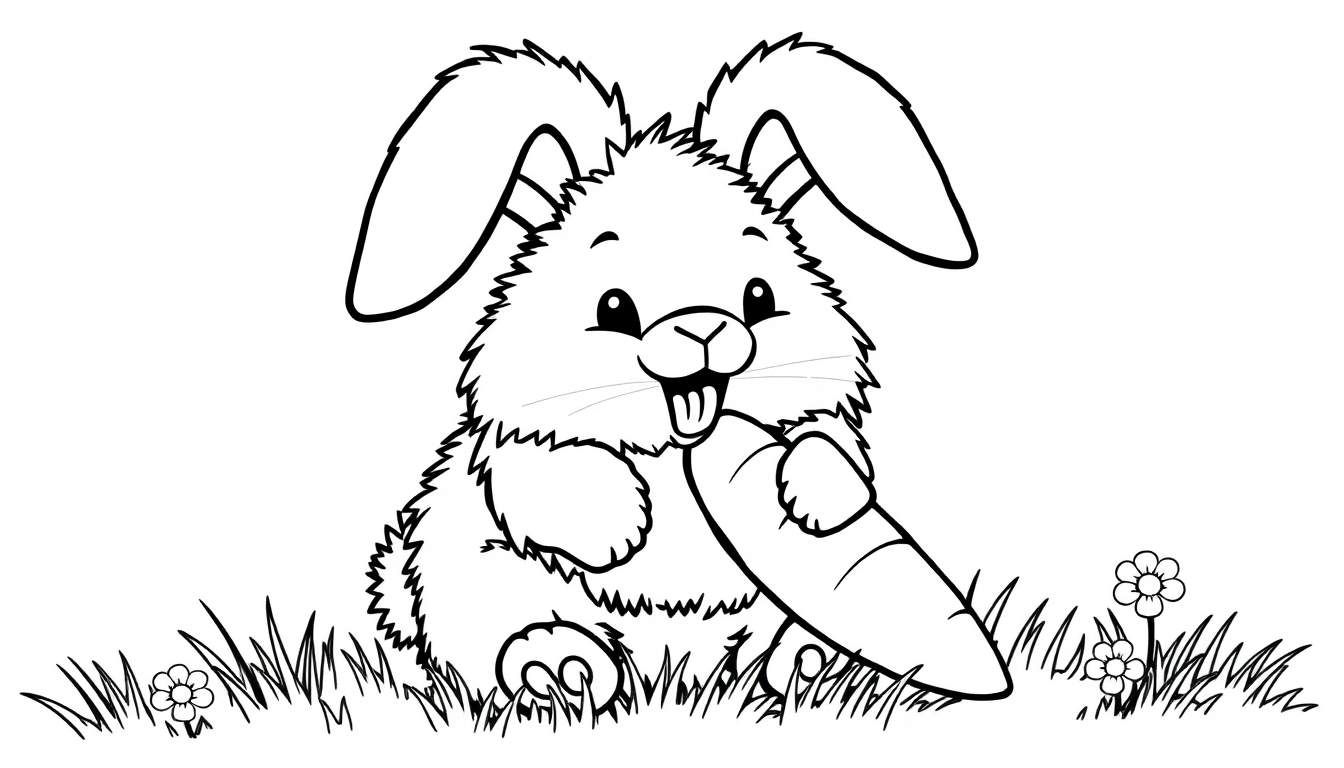 A black and white color panel of a fluffy bunny holding a carrot, ready to be colored.