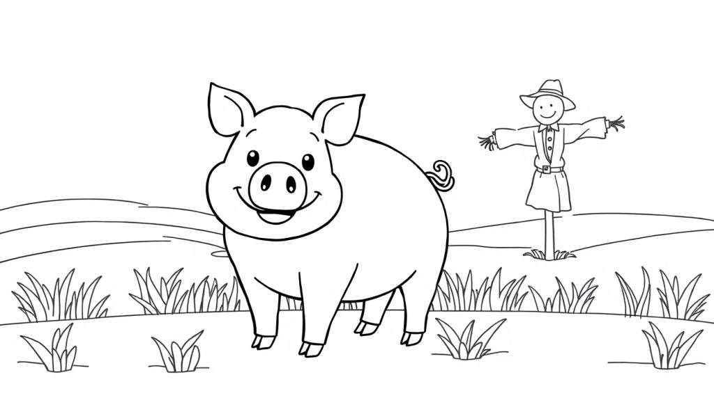A happy pig and a scarecrow in a field, ready for coloring. This color panel features simple outlines.