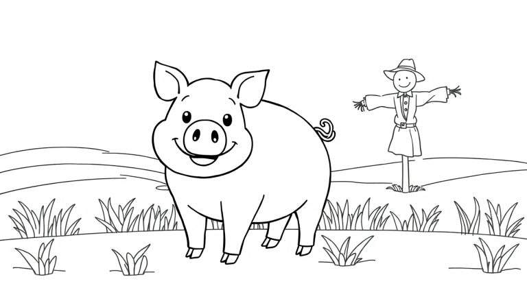 A happy pig and a scarecrow in a field, ready for coloring. This color panel features simple outlines.