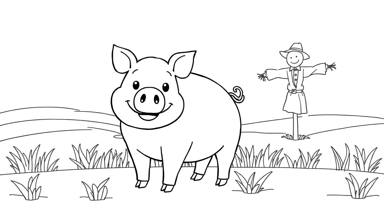 A happy pig and a scarecrow in a field, ready for coloring. This color panel features simple outlines.