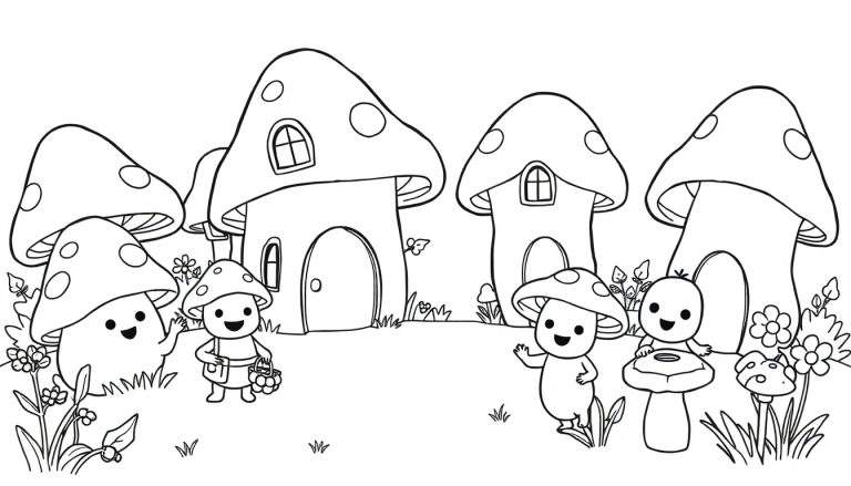 A black and white color panel of a mushroom village with cheerful mushroom characters.