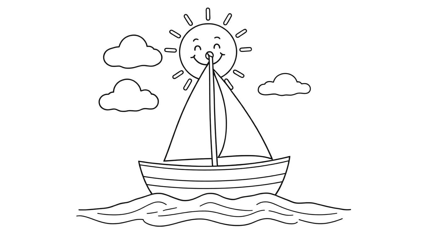 A cheerful line drawing of a sailboat on wavy water with a smiling sun and clouds.