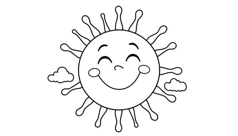 A smiling sun with playful rays, ready for coloring. Black and white outline color panel.