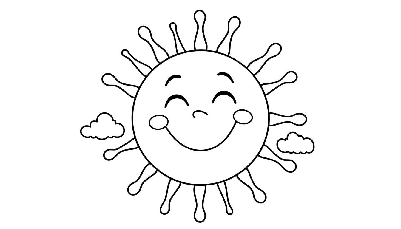 A smiling sun with playful rays, ready for coloring. Black and white outline color panel.