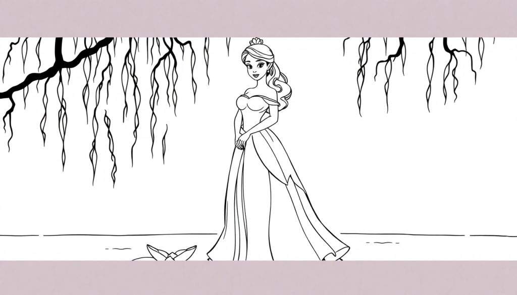 Princess Tiana as a Disney princess, in a black and white color panel, with long wavy hair and a crown, standing near water with a lotus and weeping willow branches.
