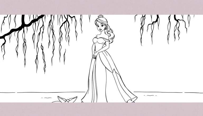 Princess Tiana as a Disney princess, in a black and white color panel, with long wavy hair and a crown, standing near water with a lotus and weeping willow branches.