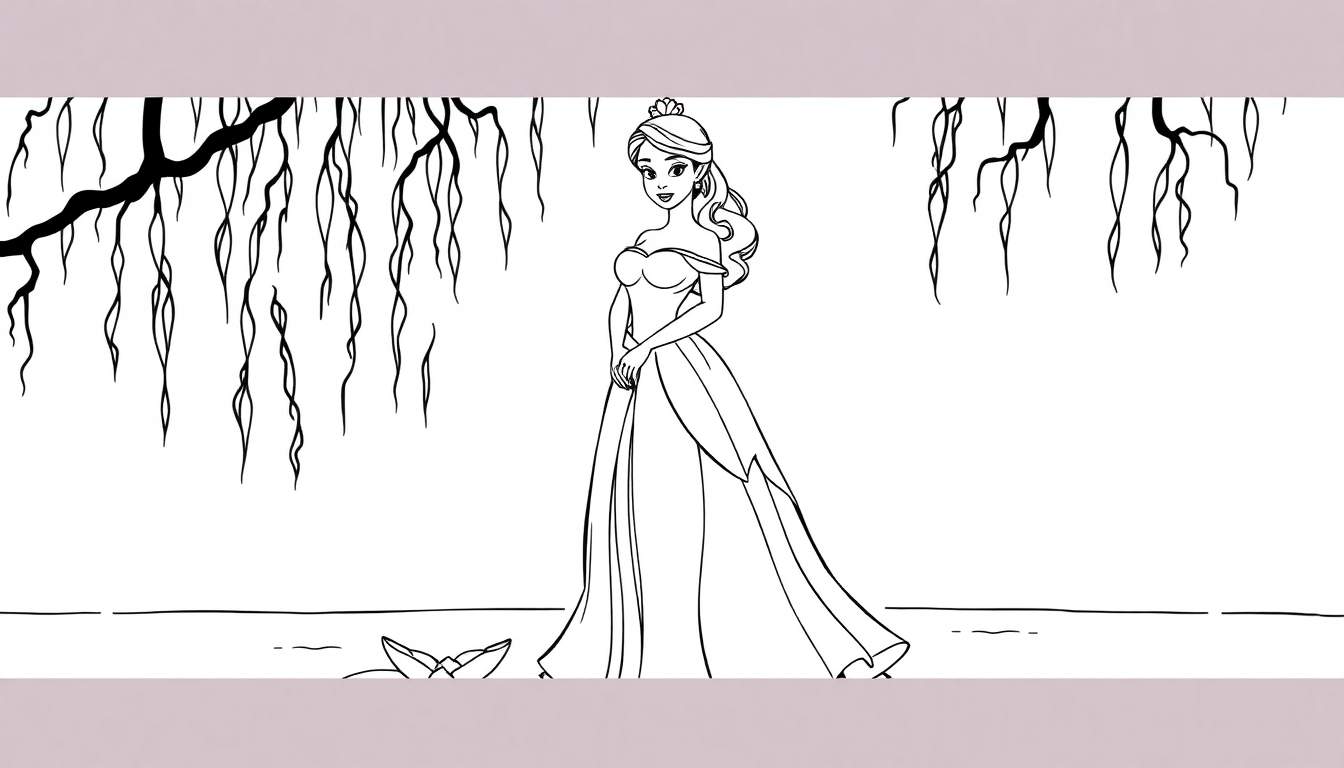 Princess Tiana as a Disney princess, in a black and white color panel, with long wavy hair and a crown, standing near water with a lotus and weeping willow branches.