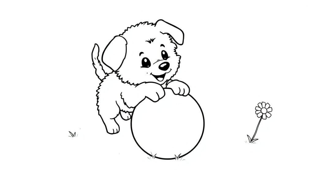 A fluffy puppy with floppy ears playing with a ball, on a color panel.