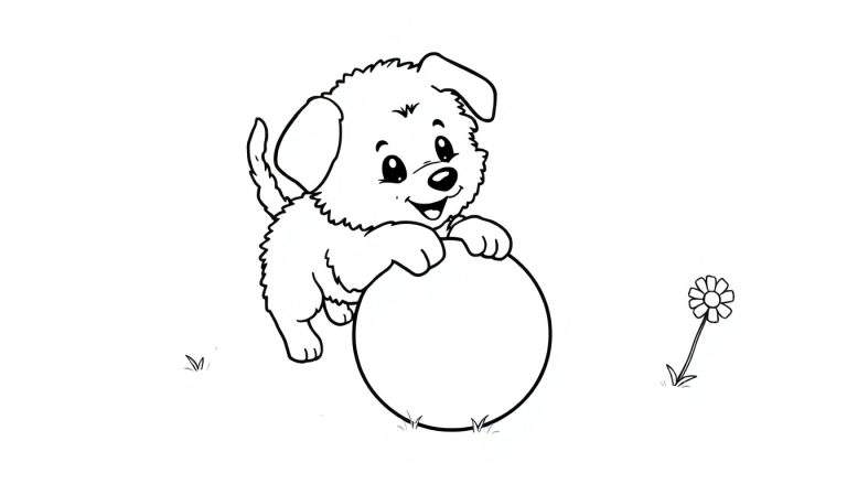 A fluffy puppy with floppy ears playing with a ball, on a color panel.