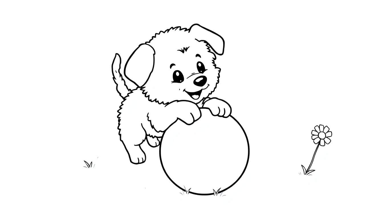 A fluffy puppy with floppy ears playing with a ball, on a color panel.