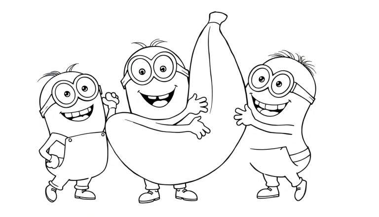 Three Minions hugging a giant banana, a black and white coloring page color panel.