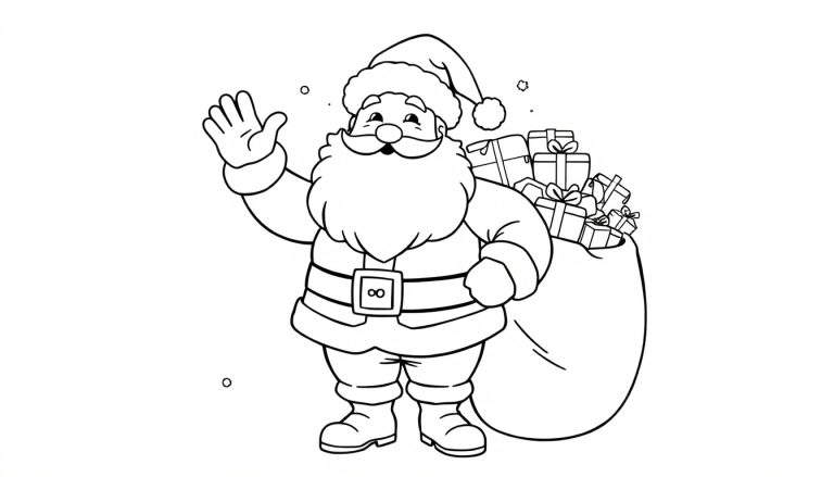A black and white illustration of Santa Claus waving with a sack full of gifts, ready for a color panel.