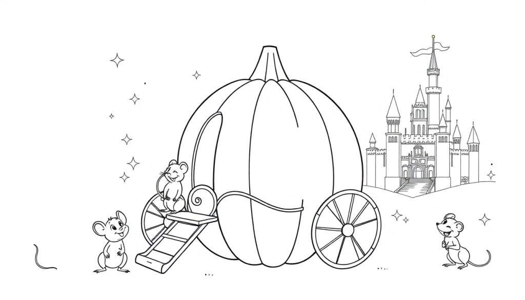 A black and white Cinderella-themed coloring panel showing a pumpkin carriage with mice friends and a castle.
