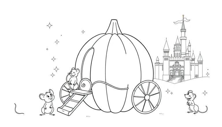 A black and white Cinderella-themed coloring panel showing a pumpkin carriage with mice friends and a castle.