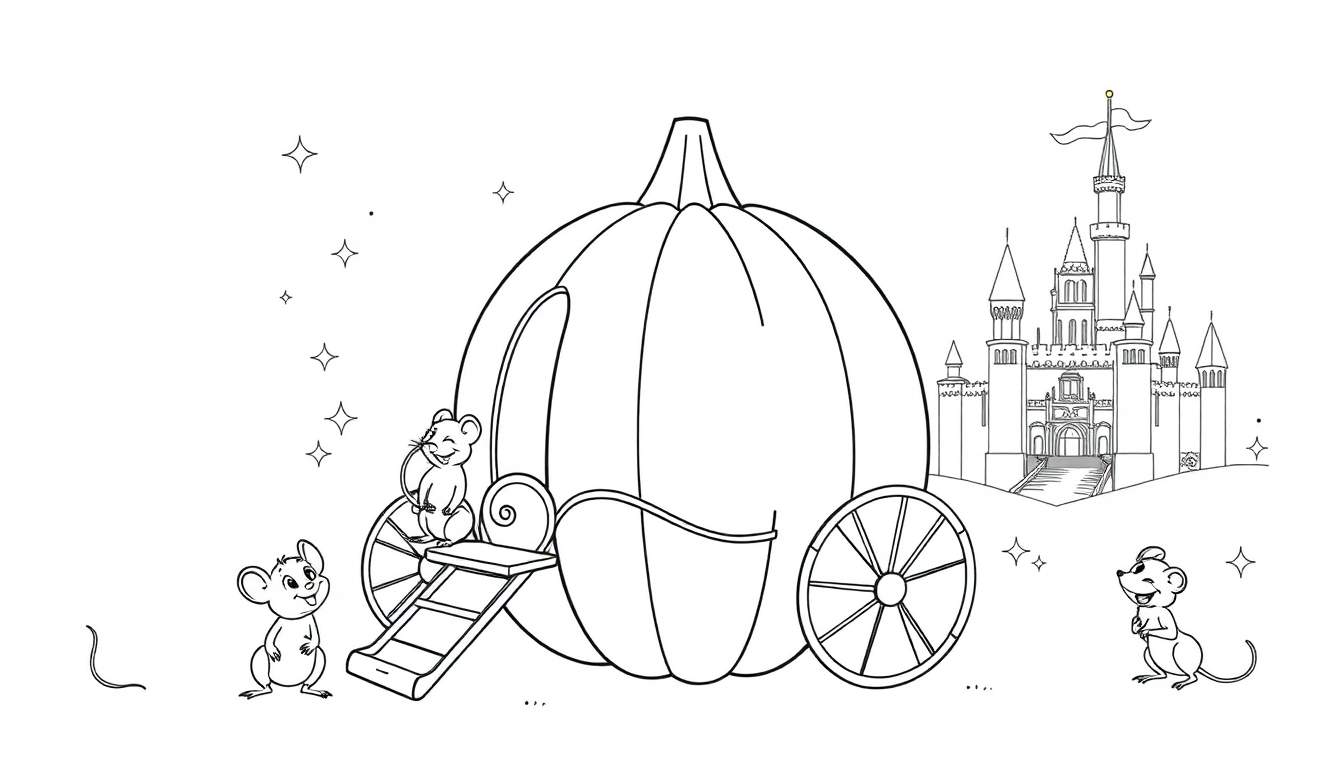 A black and white Cinderella-themed coloring panel showing a pumpkin carriage with mice friends and a castle.