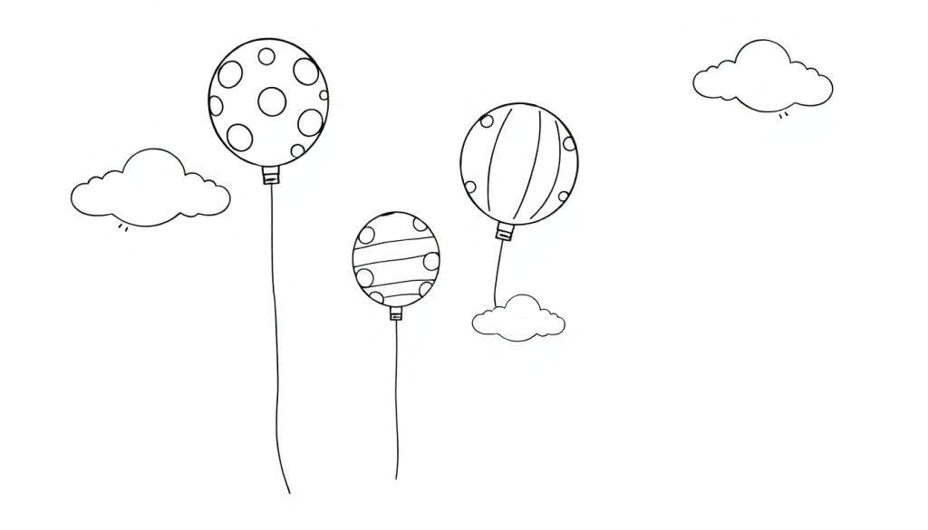 A line art color panel of three cheerful balloons with polka dots, vertical stripes, and horizontal stripes, floating near two fluffy clouds.