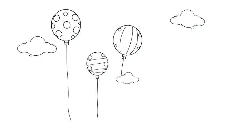 A line art color panel of three cheerful balloons with polka dots, vertical stripes, and horizontal stripes, floating near two fluffy clouds.