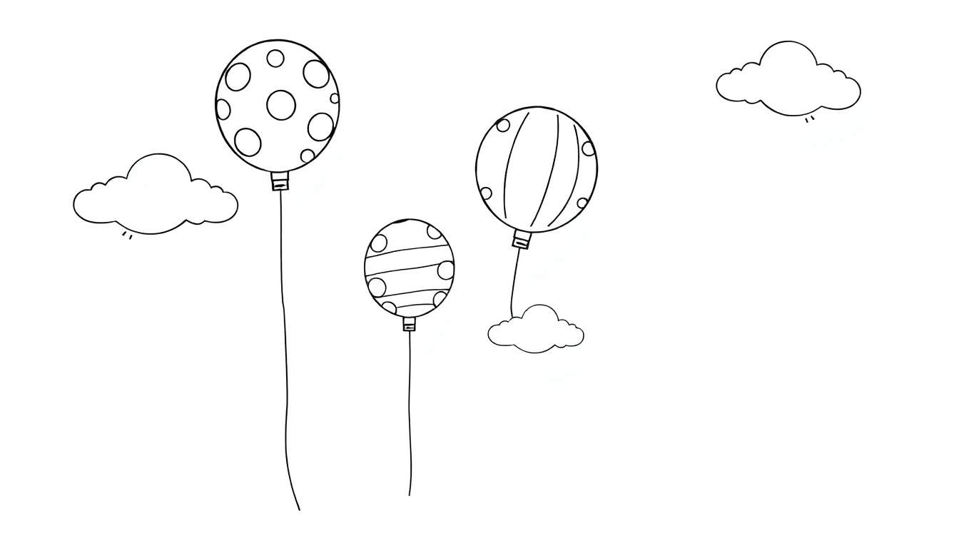 A line art color panel of three cheerful balloons with polka dots, vertical stripes, and horizontal stripes, floating near two fluffy clouds.