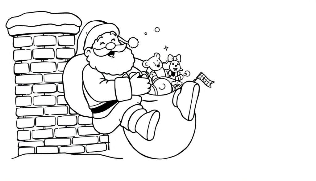 A black and white illustration of Santa Claus peeking out of a sack of toys next to a snowy chimney. This color panel is ready for coloring.