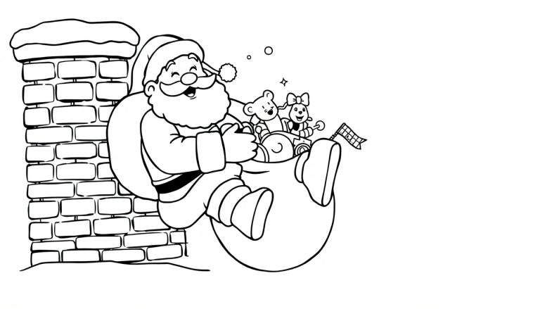 A black and white illustration of Santa Claus peeking out of a sack of toys next to a snowy chimney. This color panel is ready for coloring.