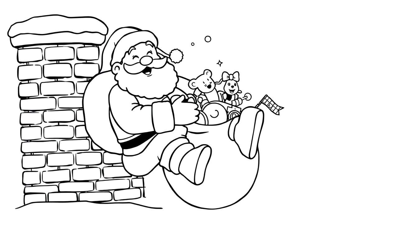 A black and white illustration of Santa Claus peeking out of a sack of toys next to a snowy chimney. This color panel is ready for coloring.